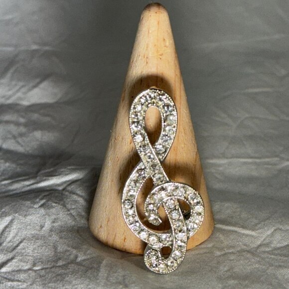 Treble Clef Rhinestone Brooch Pin Silver Tone Music Lovers Gift Elegant Jewelry - Picture 1 of 5